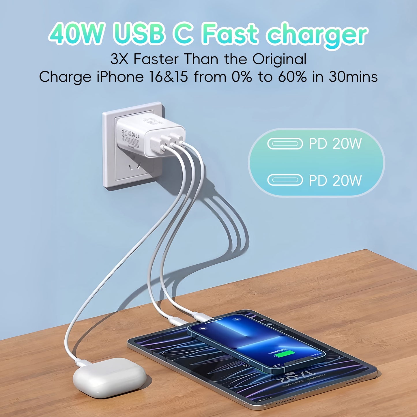 40W USB C Charger Block with 6FT USB C to C Cable, 4 USB C Port PD&QC Wall Charger Block Fast Charging Cube Compatible with iPhone 16 15 Galaxy S25 S24 Ultra, Watch, Tablet