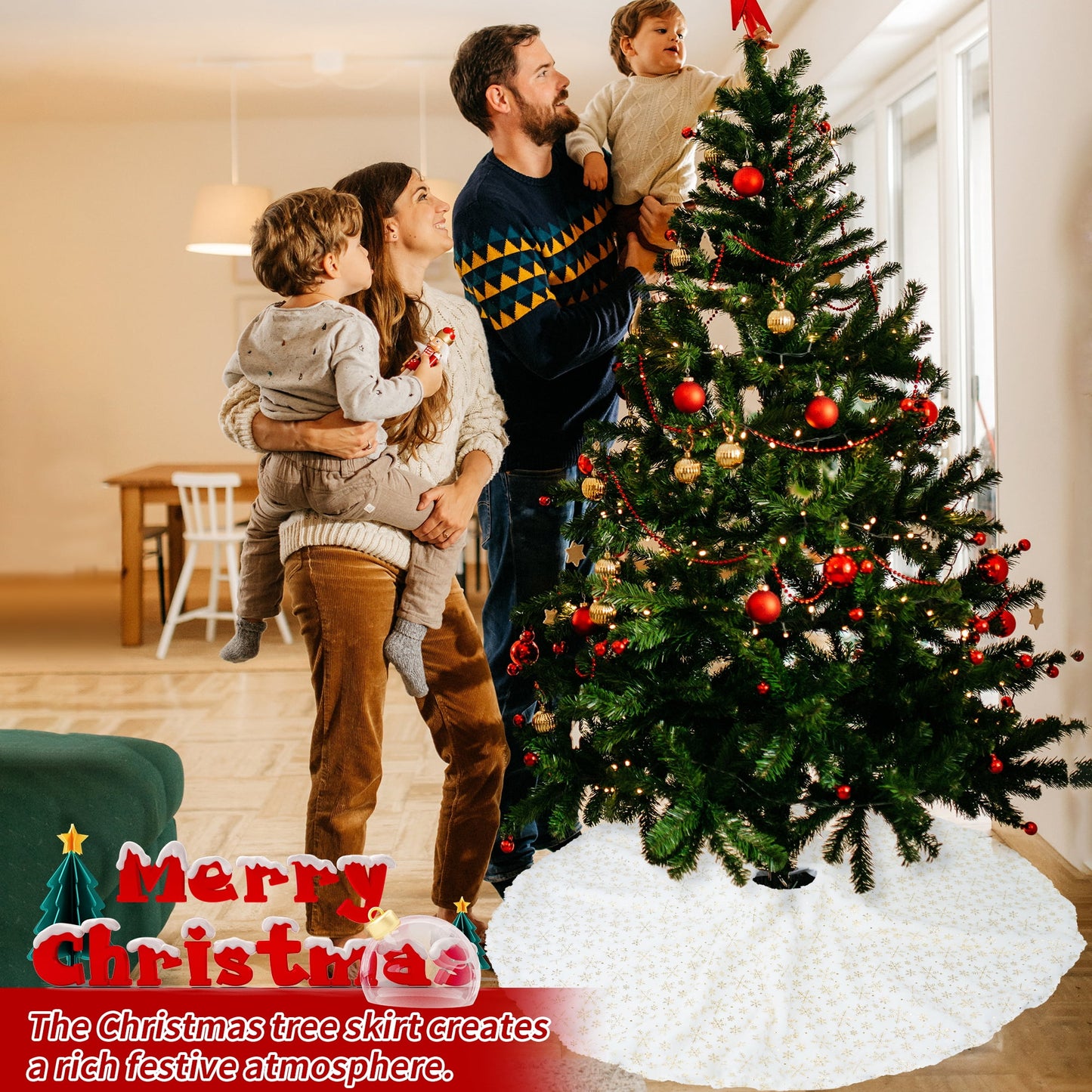 Christmas Tree Skirt 47 inches Xmas White Tree Skirts Snowflake Embroidery for Christmas Decorations Holiday Party