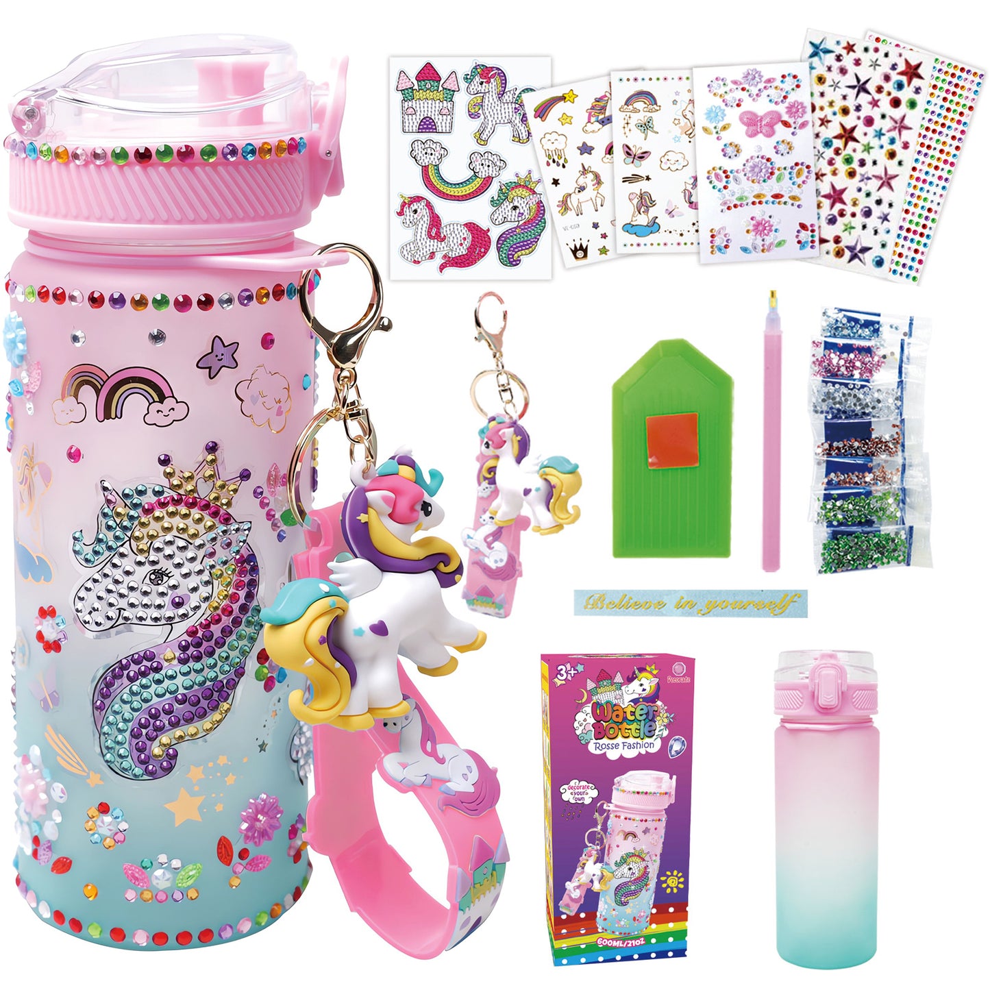 Decorate Your Own Water Bottle Kits for Girls Age 4-6-8-10, Unicorn Themed Gem Diamond Crafts Art Painting, Fun Arts and Crafts Gifts Toys for Girls Birthday Christmas