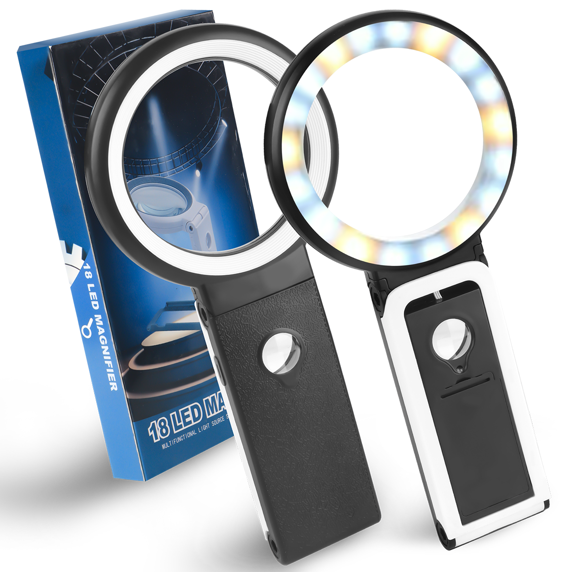 Meromore 10X 30X Magnifying Glass with Light and Stand, Folding Design 18 LED Illuminated for Close Work, Handheld Large Glasses Reading