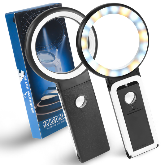 Meromore 10X 30X Magnifying Glass with Light and Stand, Folding Design 18 LED Illuminated for Close Work, Handheld Large Glasses Reading
