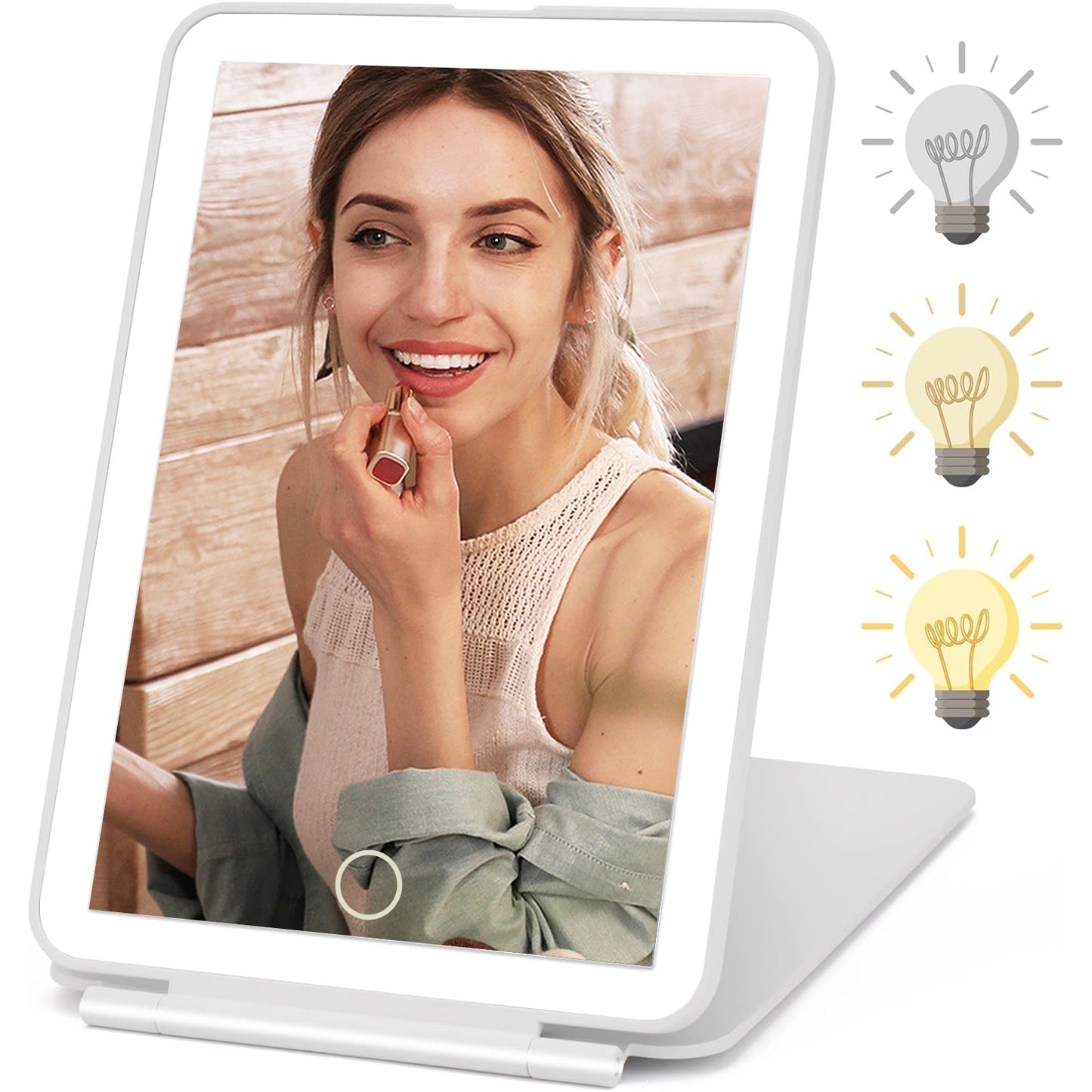 Rechargeable Travel Makeup Mirror 48 LED Lighted Makeup Mirror Travel Mirror Compact Slim LED Vanity Mirror with Lights Lighted Makeup Mirror with 3 Lighting Modes Dimmable Touch Screen