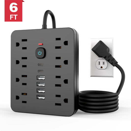 Power Strip, Surge Protector with 8 AC Outlets 6 USB Ports (2 USB C), 6 Ft Extension Cord, 1250W/10A, Wall Mount, Overload Protection Desk USB Charging Station for Home, Office（Black）