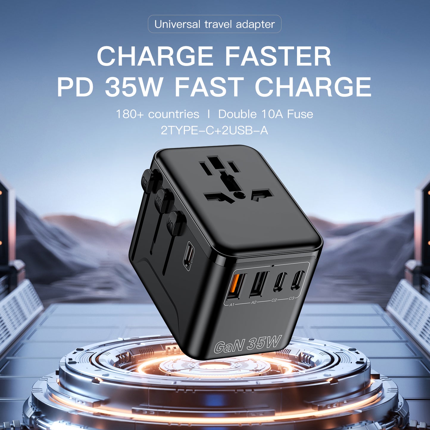 Universal Travel Adapter, GaN 35W International Power Adapter with 2 USB C 2 USB A Ports and 1 PD Fast Charging, Travel Worldwide Plug Adapter, Outlet Wall Charger for Europe UK AUS US (Black)