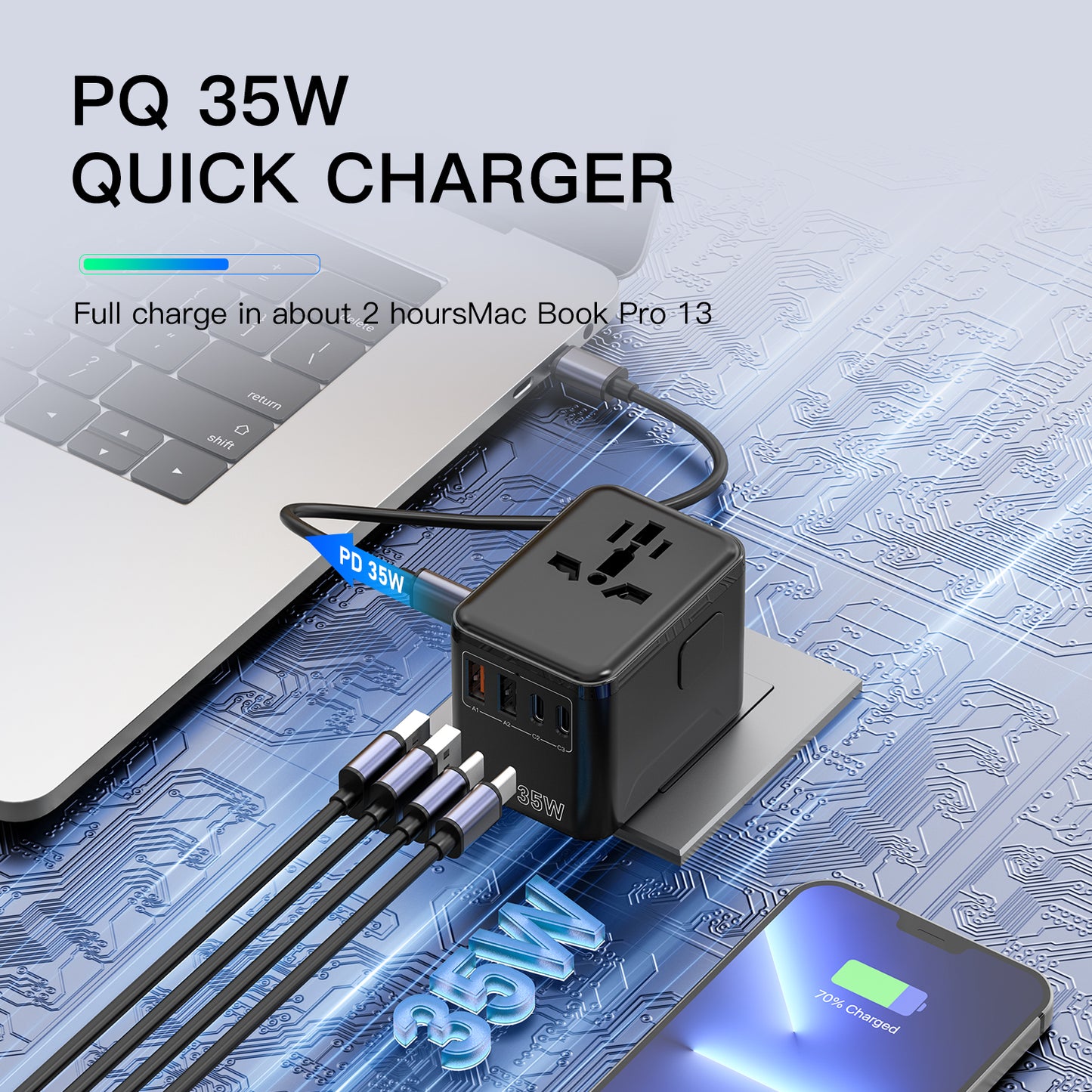 Universal Travel Adapter, GaN 35W International Power Adapter with 2 USB C 2 USB A Ports and 1 PD Fast Charging, Travel Worldwide Plug Adapter, Outlet Wall Charger for Europe UK AUS US (Black)