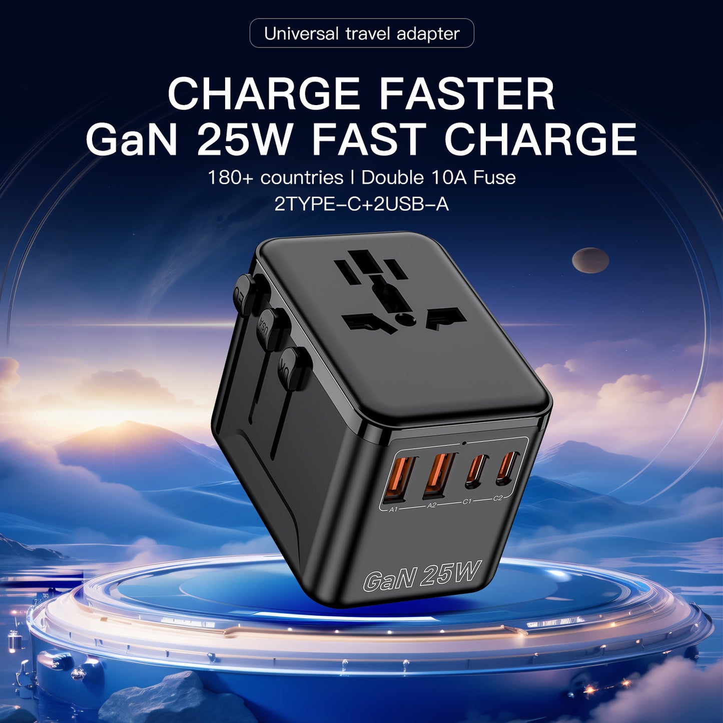Universal Travel Adapter, GaN 25W International Power Adapter with 2 USB C 2 USB A Ports, Travel Worldwide Plug Adapter, Outlet Wall Charger for Europe UK AUS US (Black)