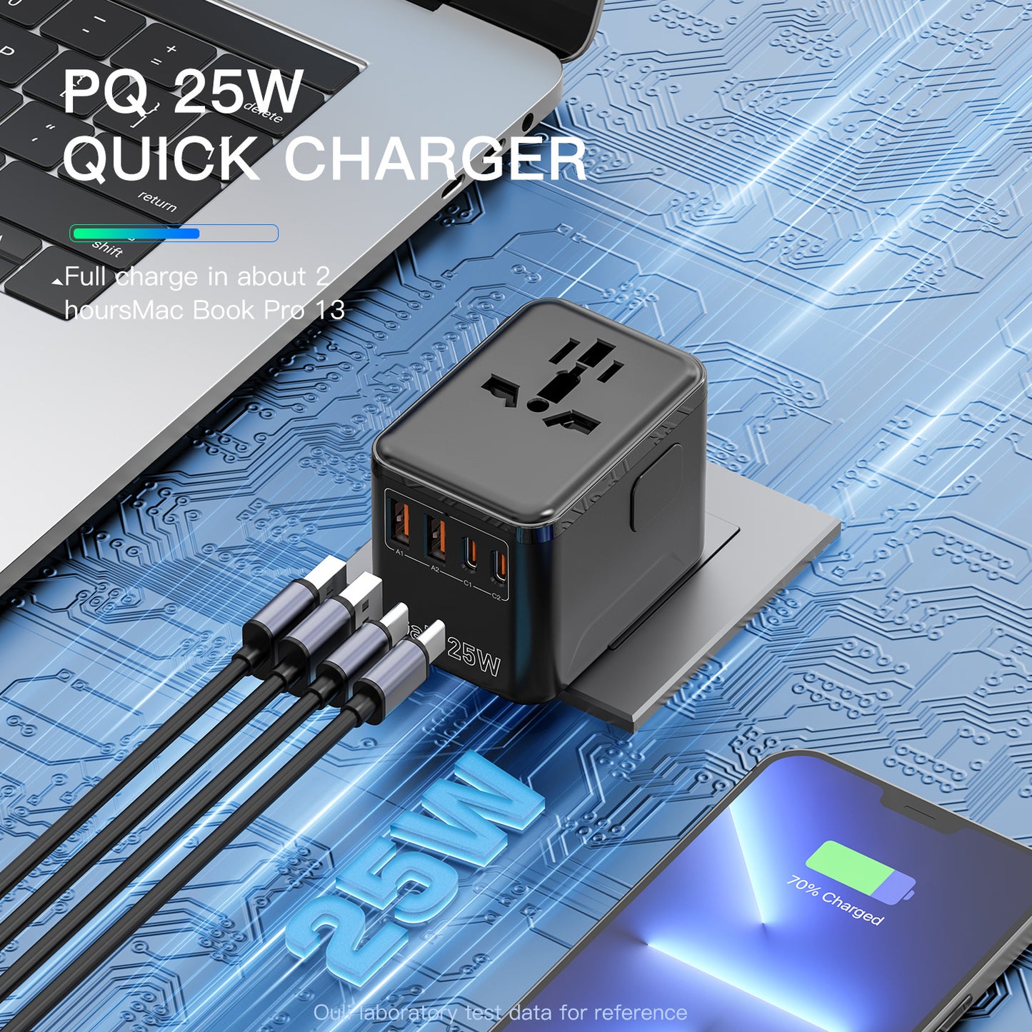 Universal Travel Adapter, GaN 25W International Power Adapter with 2 USB C 2 USB A Ports, Travel Worldwide Plug Adapter, Outlet Wall Charger for Europe UK AUS US (Black)