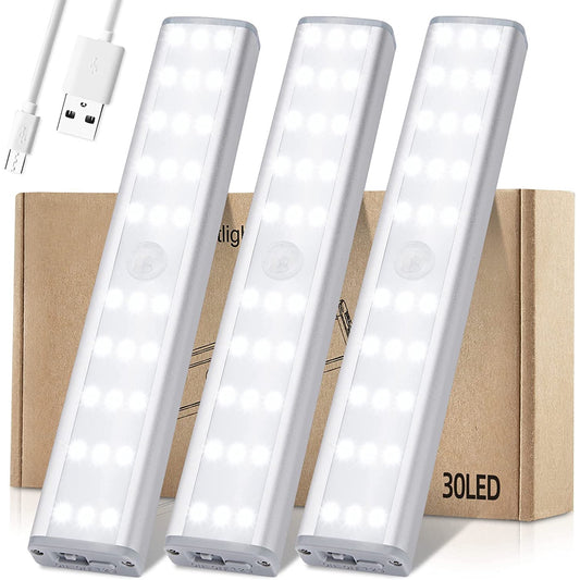 Meromore LED Under Cabinet Lights, USB Rechargeable Closet Lighting kit with Motion Sensor and Magnetic Strip for Wardrobe, Kitchen Wireless Lighting, 3 Pack