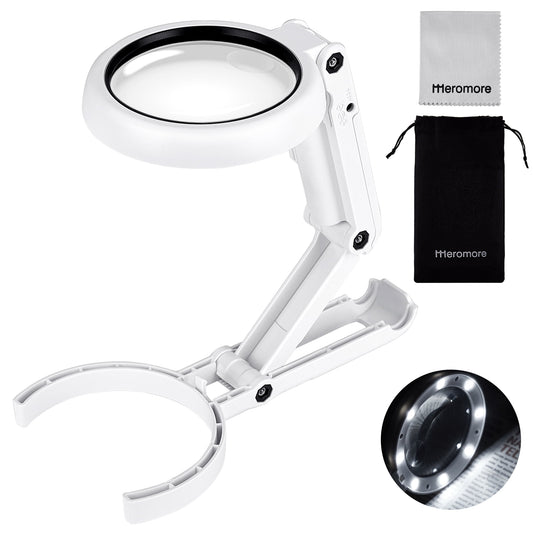 Folding Magnifying Glass with Light, Meromore Handheld Illuminated Lighted LED Magnifier with 5x 11x High Magnification for Reading Aids, Jewelers Loupe